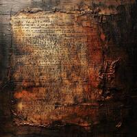 Ancient handwritten script on aged and textured wooden surface photo
