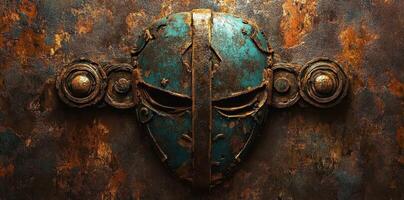 Ornate weathered mask affixed to a textured metallic surface photo