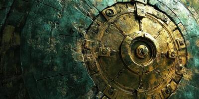Ornate metallic structure with green patina and intricate design photo