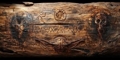 Carved wooden log features mystical symbols and skull illustrations photo