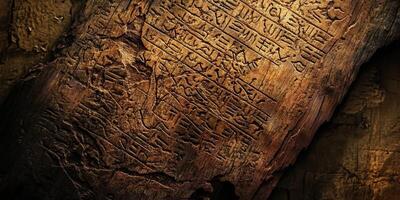 Ancient cuneiform text carved into a weathered wooden tablet photo