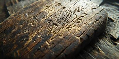 Ancient wooden tablet inscribed with hieroglyphs resting on wood photo