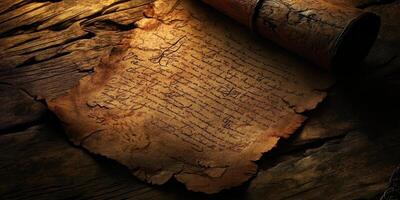 An aged parchment scroll rests upon weathered wooden planks photo