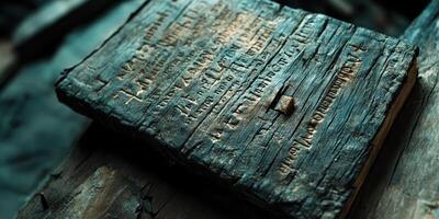 Ancient weathered wooden book with carved text detail shown photo
