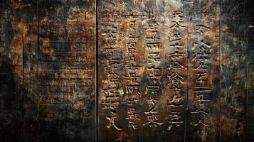 Carved wooden panel featuring ancient asian script and aging textures photo
