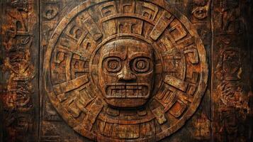 Carved wooden mayan sun god with geometric patterns surrounds photo