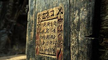 Ancient wooden door displaying a carved square with archaic symbols photo