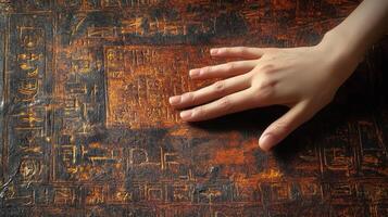 A hand rests on an ancient tablet covered in hieroglyphs photo