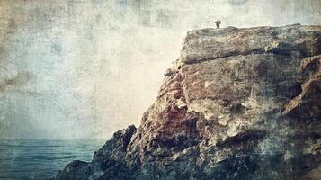 Person stands atop a rocky cliff overlooking the vast ocean photo