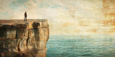 Man stands on edge of rocky cliff overlooking the ocean photo