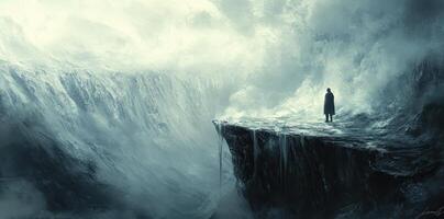 Figure stands at cliff edge facing turbulent sea storm photo