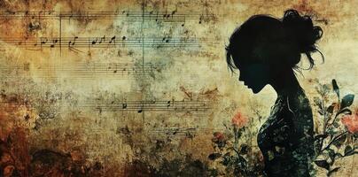 Silhouette of a young woman with musical and floral elements photo