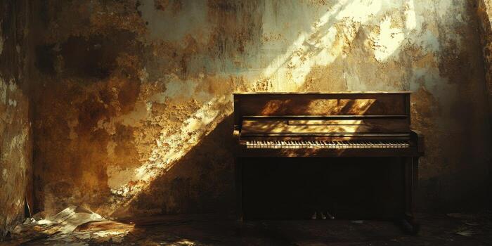 Old upright piano stands within an abandoned decayed room photo