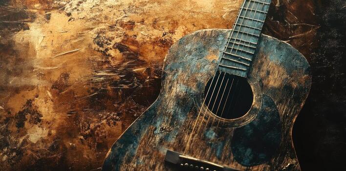 Acoustic guitar displayed against textured brown and black background photo