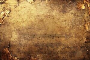 Aged paper with tattered edges displays faded musical notes photo