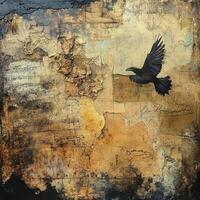 Raven flies across a textured and distressed background artwork photo