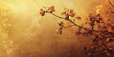 Branches with leaves are silhouetted against a textured golden backdrop photo