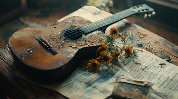 Old guitar rests on sheet music with scattered dried flowers photo