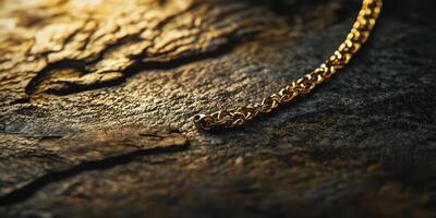 Gold chain resting on a textured surface with dark tones photo