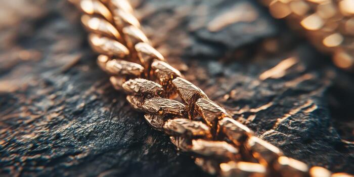 A shiny gold chain resting upon a textured stone surface photo