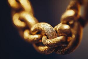 Intricate gold chain links glisten against a dark background photo