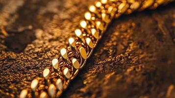 Close up of luxurious golden chain on textured surface photo