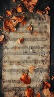Autumn leaves scattered upon aged sheet music create visual poetry photo