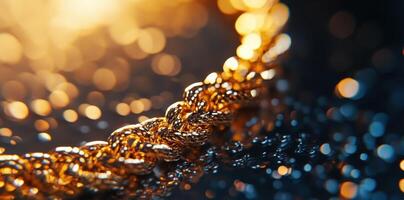 A gleaming golden chain rests on a dark reflective surface photo