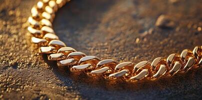 A gleaming gold chain rests upon a textured stone surface photo