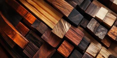 A collection of wooden blocks showcases varied grain and color photo