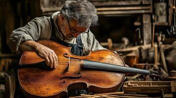 Craftsman meticulously restores antique cello in his wood workshop photo