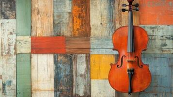 Cello leans against a colorful wooden wall with aged texture photo