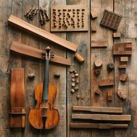 Violin and various wood pieces arranged on a wooden surface photo