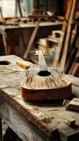 A weathered ukulele sits unfinished on a woodworking bench photo