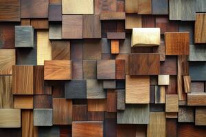 Varied wooden blocks are stacked closely together forming a mosaic photo