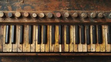 A heavily worn and aged keyboard with wooden buttons above photo