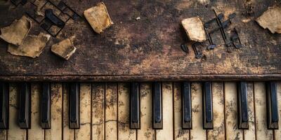 Distressed piano keys and fragmented sheet music create aged atmosphere photo