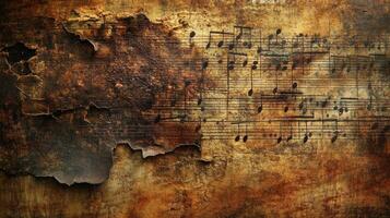 Old music manuscript with decaying texture and aged appearance photo