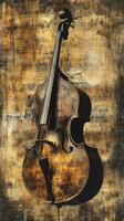 A beautiful upright bass stands against musical notes backdrop photo