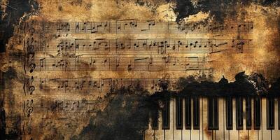 Vintage sheet music with piano keys and aged textures photo