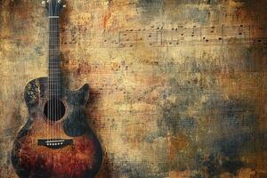 Acoustic guitar stands against a backdrop of aged music sheets photo