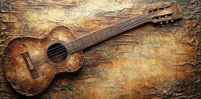 Aged classical guitar artwork exhibits brown tones and textured surface photo