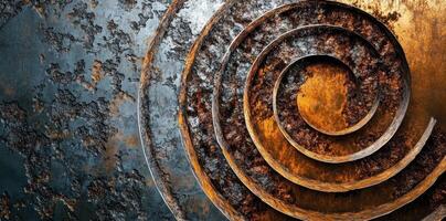 Concentric rusty metal circles form a textured spiral pattern photo