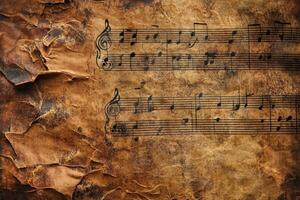 Ancient and worn music sheet with faded musical notes photo