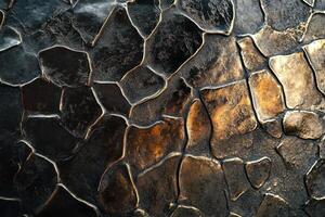 Dark metallic surface shows an abstract irregular paving stone pattern photo