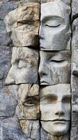 Stone wall featuring carved human faces within the rock photo