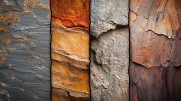 Four vertical strips showcase different stone or rock textures photo