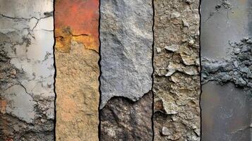 Vertical arrangement shows five different stone and rock textures photo