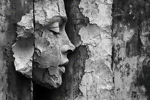 Sculpted face emerging from crumbling texture in black and white photo
