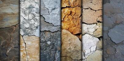 Multiple textured rock and stone panels with visible cracks displayed photo